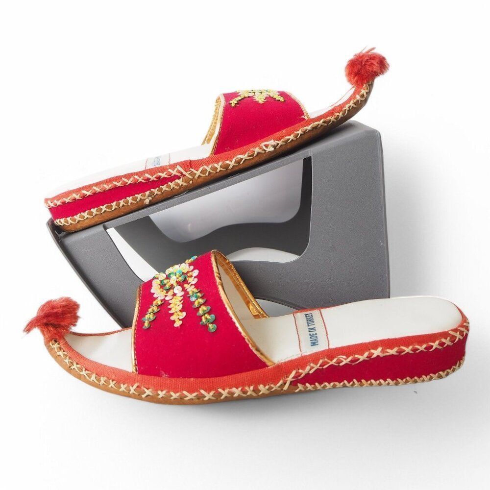 Vintage Turkish Aladdin Handmade Curl Toe Sequins Leather Slippers Women's 7-7.5